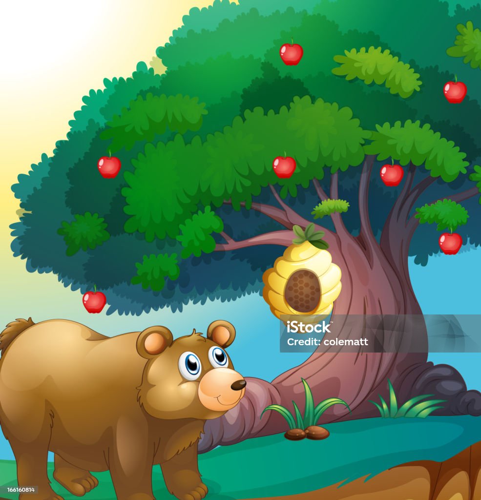 Bear Patrząc na beehive Wiszący w apple tree - Grafika wektorowa royalty-free (Bez ludzi)