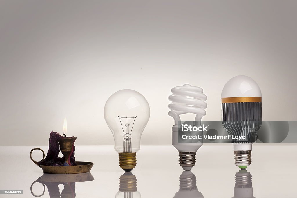 evolution of lighting evolution of lighting, with candle, tungsten, fluorescent and LED bulb Evolution Stock Photo