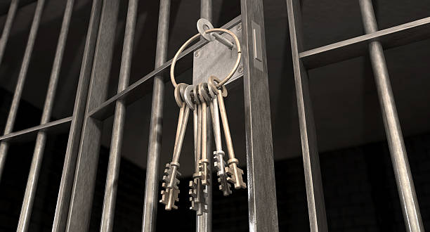 istock Ring of keys hanging from a slightly ajar jail cell door 166161352