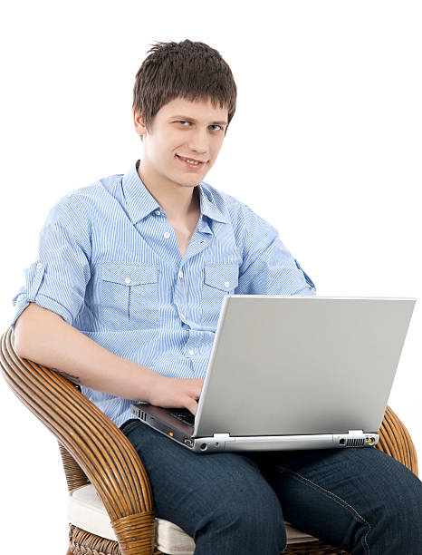junger mann mit laptop - office chair cheering ecstatic success stock-fotos und bilder