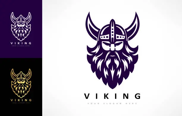 Vector illustration of Viking design. Nordic warrior illustration. Horned Norseman symbol. Barbarian man head with horn helmet and beard. Scandinavian sailors symbol.