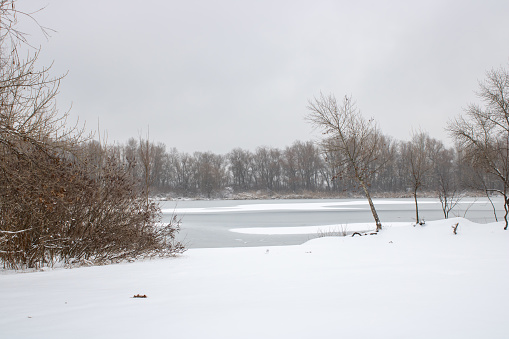 Winter on the ice river.  Winter landscape.