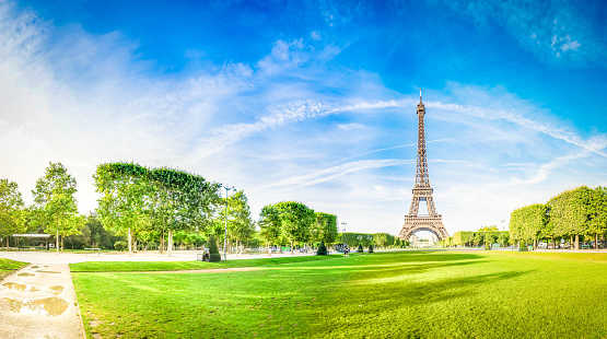 Paris Eiffel Tower over green grass lane in Paris, France. Web banner format. Eiffel Tower is one of the most iconic landmarks of Paris.