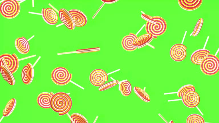 Christmas spiral lollipops rotate on green screen background. Seamless 3D animation. Christmas video effect. Christmas concept. Candy rain.