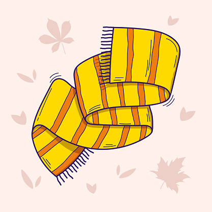 Warm winter scarf. Vector illustration of yellow striped knitted scarf in doodle style isolated on light background with autumn leaves.