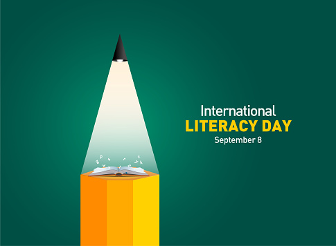 International Literacy Day Vector illustration of open book with alphabet letters. Children education background or learning event concept.