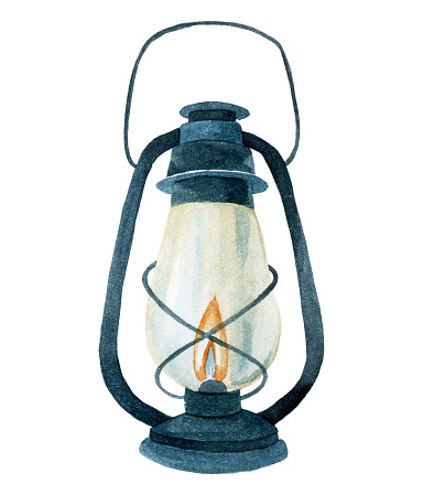 watercolor drawing vintage oil lamp, lantern. clipart on the theme of a cozy winter, new year, christmas.