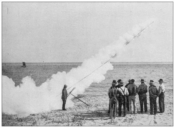 Antique image from British magazine: Practice with the rocket, Stagerrack, Jutland