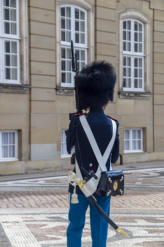 Copenhagen,Denmark. August 2, 2023: Royal Guard in Amalienborg Castle in Copenhagen in Denmark