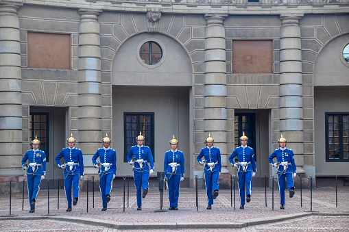 Stockholm, Sweden - July 28, 2023: The Royal Guards Ceremony at the Royal Palace of Stockholm