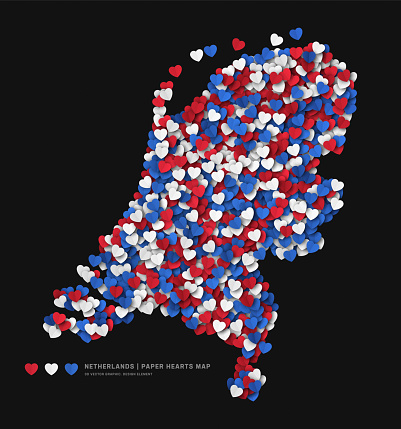Netherlands Map From Scattered Paper Hearts In Colours Of National Flag Vector Isolated On Black Background. Netherlands Border In Official Colors Pattern Art Illustration For Print And Poster Design