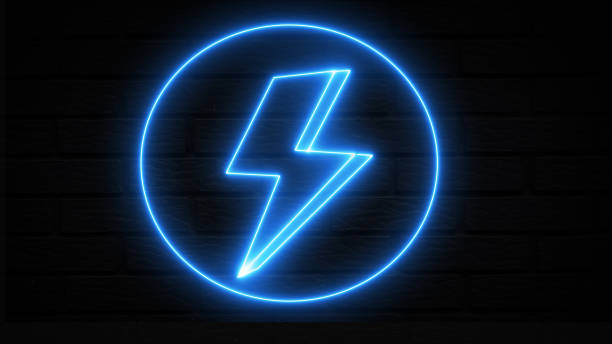 istock Glowing blue neon lightning bolt icon on a brick background. Energy neon set. Signs of lightning, thunder and electricity 1661707097