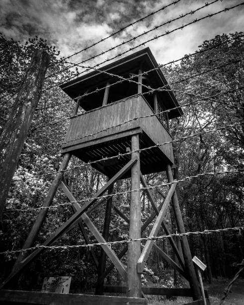 Observation tower Camp Westerbork Hooghalen, The Netherlands - June 11, 2017: Black and white image of watchtower in Camp Westerbork. ethnic cleansing stock pictures, royalty-free photos & images