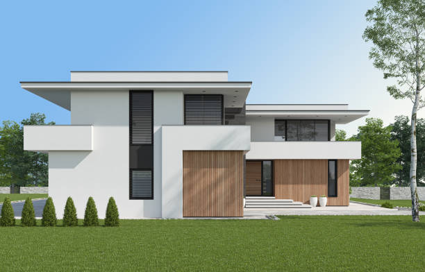 istock Modern luxury white Villa Concept with wooden panels. 1661720709