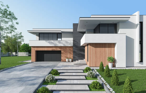 istock Modern luxury white Villa Concept with wooden panels. 1661720712