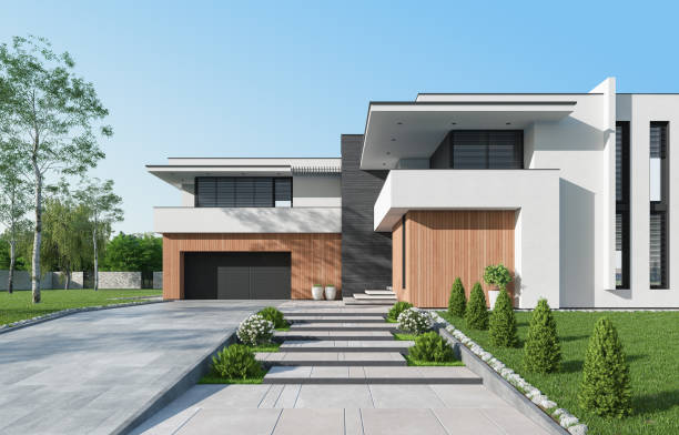 istock Modern luxury white Villa Concept with wooden panels. 1661720762