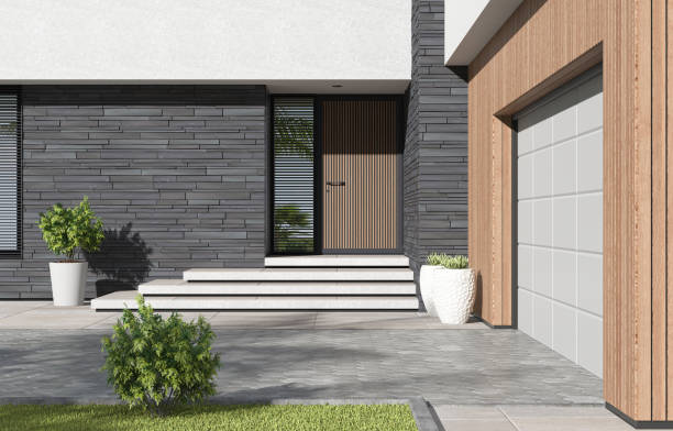 istock Modern luxury white Villa Concept with wooden panels. 1661721084