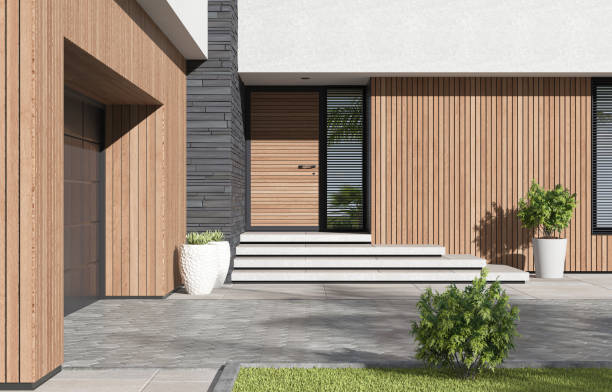 istock Modern luxury white Villa Concept with wooden panels. 1661721758