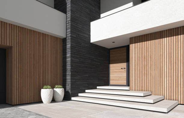istock Modern luxury white Villa Concept with wooden panels. 1661721901