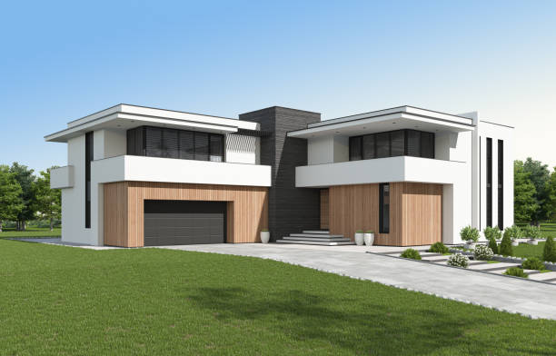 istock Modern luxury white Villa Concept with wooden panels. 1661722276
