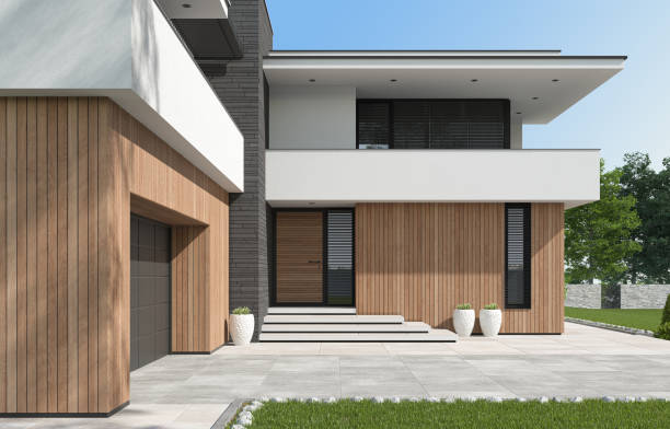 istock Modern luxury white Villa Concept with wooden panels. 1661722850