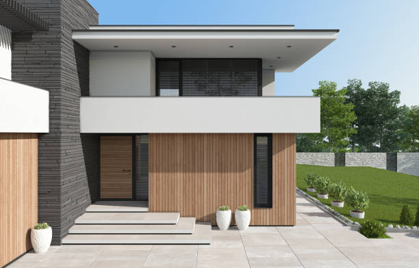 istock Modern luxury white Villa Concept with wooden panels. 1661722855