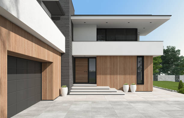 istock Modern luxury white Villa Concept with wooden panels. 1661722865