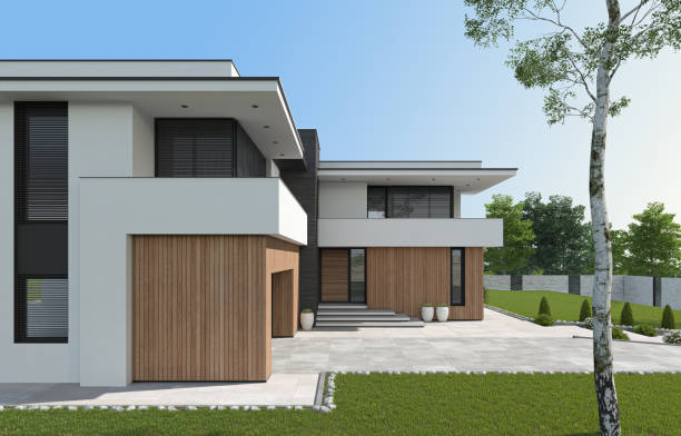 istock Modern luxury white Villa Concept with wooden panels. 1661722877