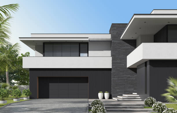 istock Modern luxury white Villa Concept with black paneling. 1661727154