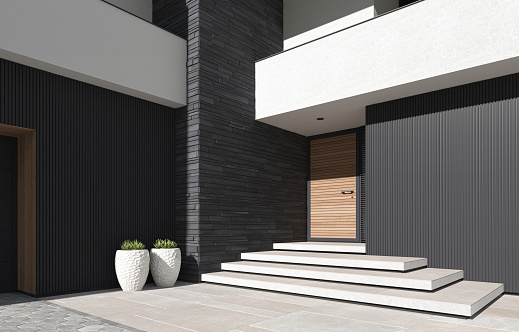 Modern two floors white villa with black vertical panels. Luxury exterior concept with beautiful garden. Summer time. Black vertical metal panels.