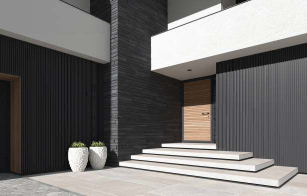 Modern luxury white Villa Entrance Concept with black paneling. stock photo