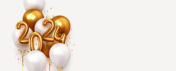 istock Happy New Year 2024. Realistic gold and white balloons. Background design metallic numbers symbols 2024 and helium ballon on ribbon, glitter golden bright confetti. Vector illustration 1661727658