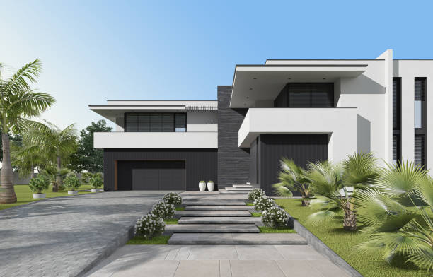 istock Modern luxury white Villa Concept with black paneling. 1661727660