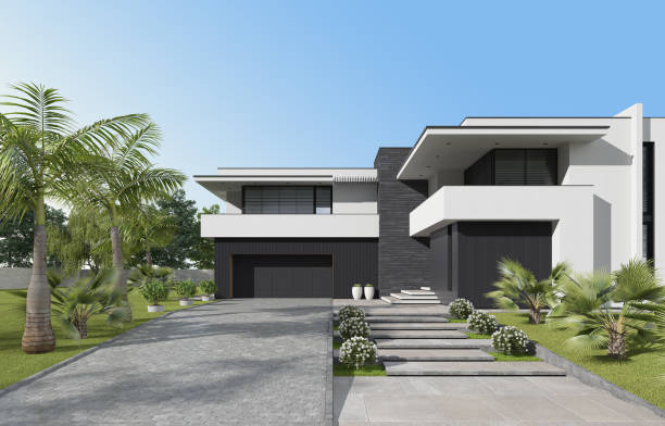 istock Modern luxury white Villa Concept with black paneling. 1661727664