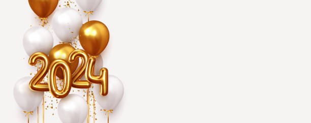 istock Happy New Year 2024. Realistic gold and white balloons. Background design metallic numbers symbols 2024 and helium ballon on ribbon, glitter golden bright confetti. Vector illustration 1661727675
