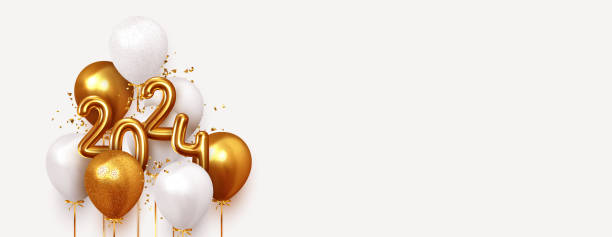 istock Happy New Year 2024. Realistic gold and white balloons. Background design metallic numbers symbols 2024 and helium ballon on ribbon, glitter golden bright confetti. Vector illustration 1661727727