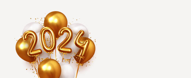 istock Happy New Year 2024. Realistic gold and white balloons. Background design metallic numbers symbols 2024 and helium ballon on ribbon, glitter golden bright confetti. Vector illustration 1661728784
