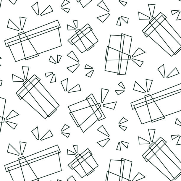 白い背景に落書きスタイルのギフトボックスパターン、アウトライン、ギフト。カラフルなパッケージ。セール、デザインのショッピングコンセプト、誕生日、クリスマスのコレクション。� - birthday card greeting card birthday christmas card点のイラスト素材／クリップアート素材／マンガ素材／アイコン素材