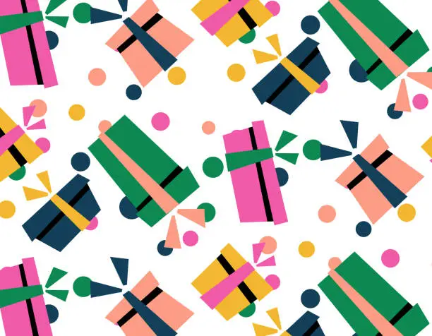 Vector illustration of Seamless pattern with Christmas gift boxes in flat style, colored silhouettes with a bow and confetti on a transparent background. Wrapping paper for kids, simple design