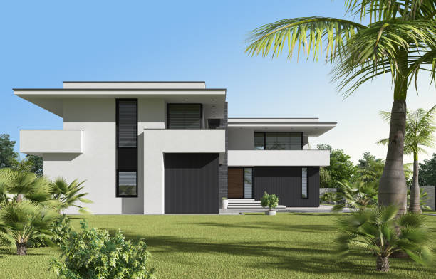 istock Modern luxury white Villa Concept with black paneling. 1661730420