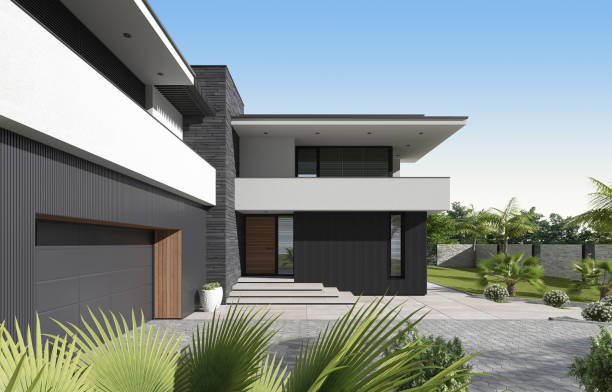 istock Modern luxury white Villa Concept with black paneling. 1661731481