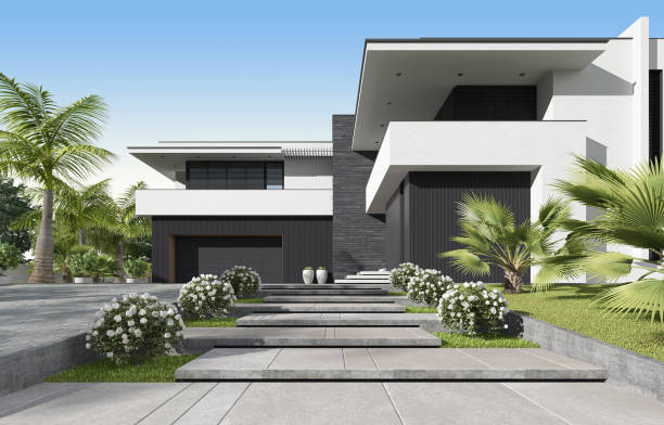 istock Modern luxury white Villa Concept with black paneling. 1661732020