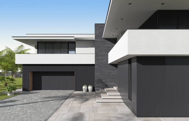 istock Modern luxury white Villa Concept with black paneling. 1661732031