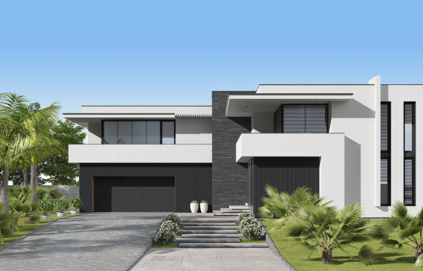 istock Modern luxury white Villa Concept with black paneling. 1661732103