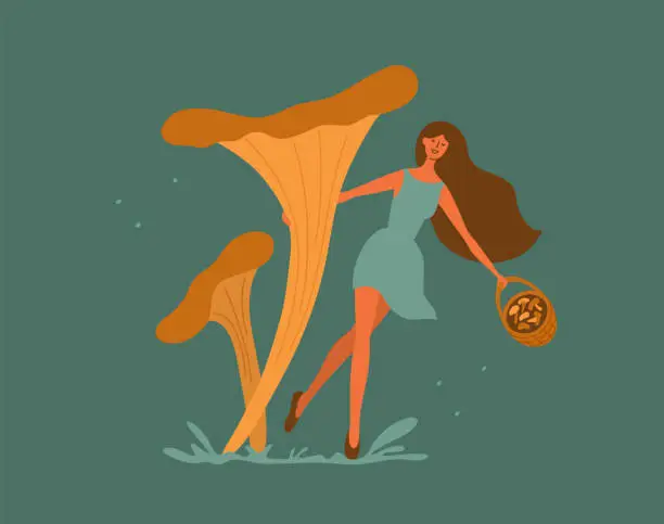 Vector illustration of Mushroom autumn harvest isolated vector illustration with young woman dancing hugging chanterelles stipe