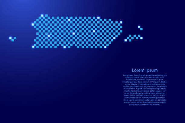 푸에르토 리코지도는 미래 지향적 인 파란색 체크 무늬 사각형 격자 패턴과 배너, 포스터, 인사말 카드에 빛나는 별을 제공합니다 - chart star shape square shape symbol stock illustrations