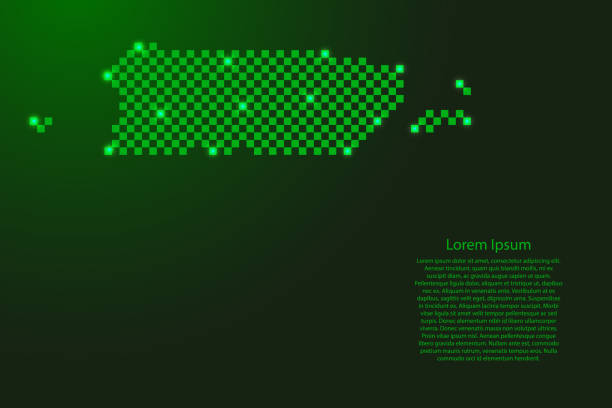 푸에르토리코 지도는 미래 지향적인 녹색 체크 무늬 사각형 격자 패턴과 배너, 포스터, 인사말 카드에 빛나는 별을 제공합니다 - chart star shape square shape symbol stock illustrations