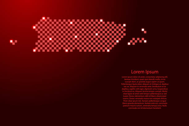 푸에르토리코 지도는 미래 지향적인 빨간색 체크 무늬 사각형 격자 패턴과 배너, 포스터, 인사말 카드에 빛나는 별을 만듭니다 - chart star shape square shape symbol stock illustrations