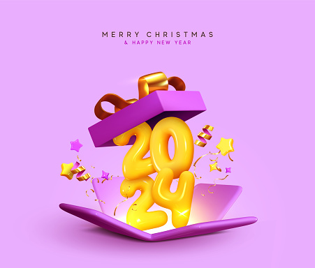 Happy New Year 2024. Realistic 3d open gifts box yellow number sign 2024. Merry Christmas Background. Xmas sale present. Holiday decorative purple boxes, Holiday gift surprise. Vector illustration