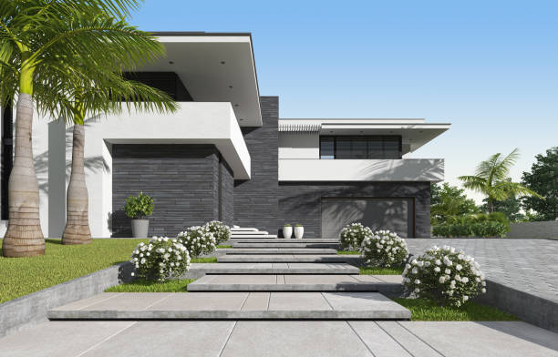istock Modern luxury white Villa Concept with black stone facade. 1661798736